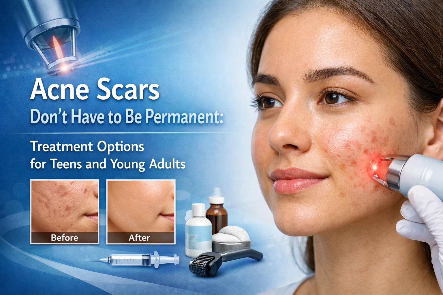 Featured image for acne scar treatment options for teens and young adults, showing a young woman receiving laser acne scar treatment with before-and-after skin results.