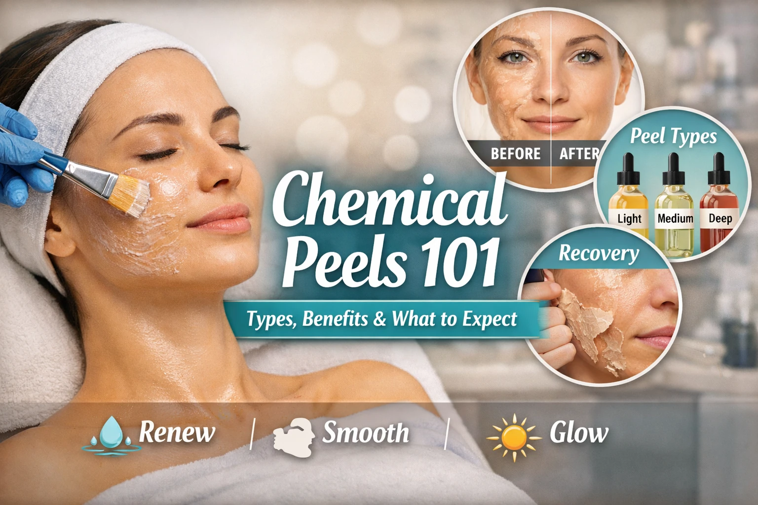 Esthetician applying a facial chemical peel treatment with before and after skin results illustrating types, benefits, and recovery of chemical peels for smoother, brighter skin.