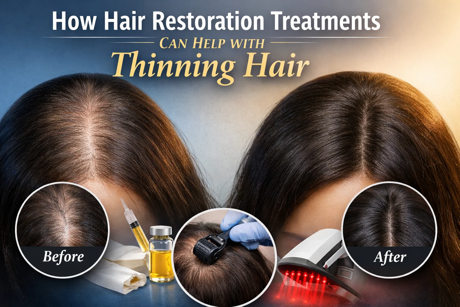 Before-and-after featured image showing hair restoration treatments for thinning hair, including PRP, microneedling, and laser hair therapy on a woman’s scalp