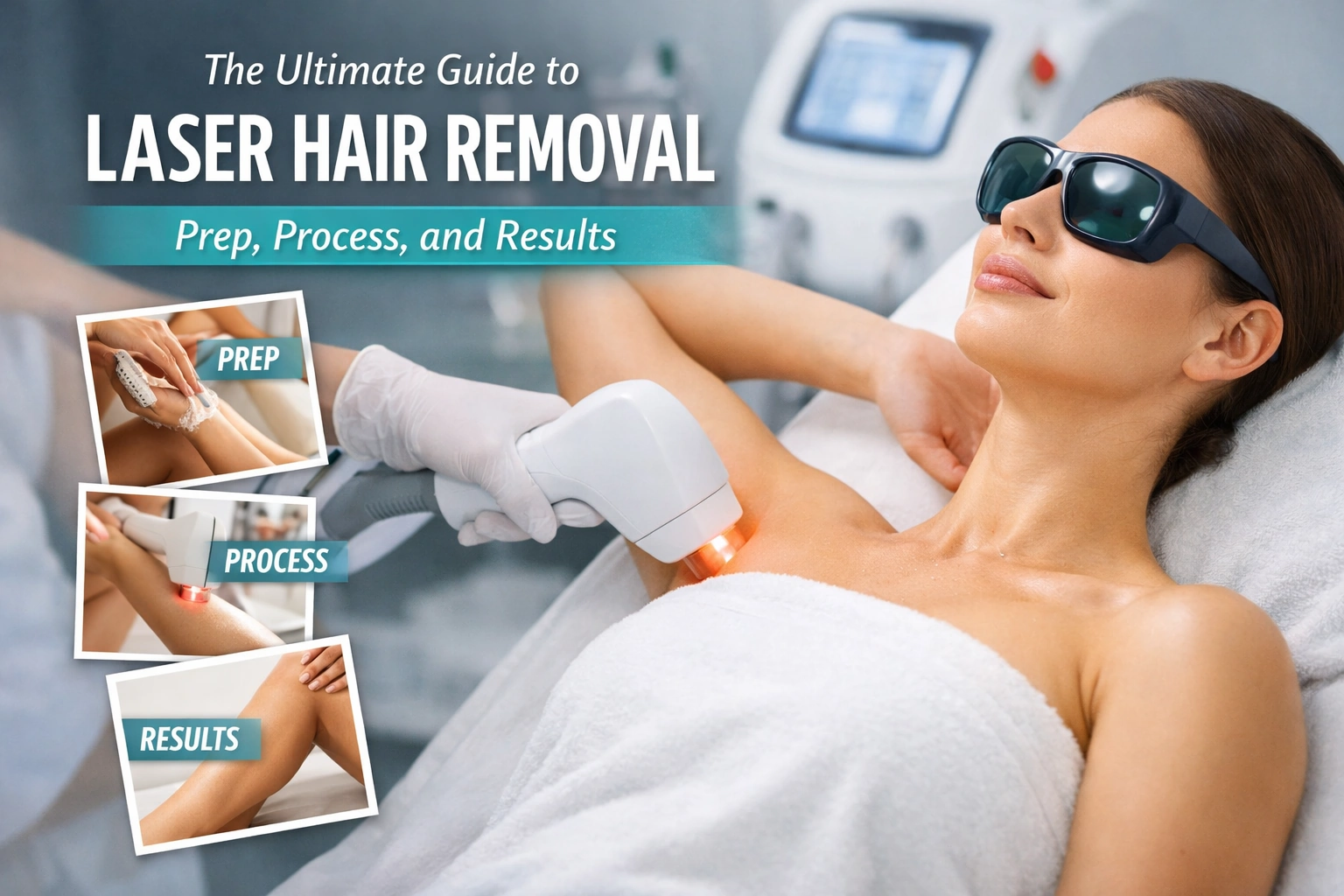 Woman receiving laser hair removal treatment in a clinic, with prep, process, and results callouts for a complete laser hair removal guide.