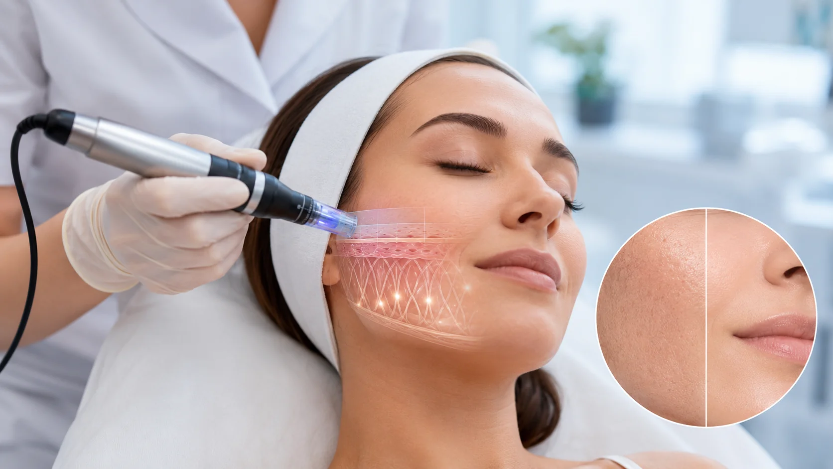 Microneedling skin rejuvenation treatment showing a professional device improving skin texture and stimulating collagen