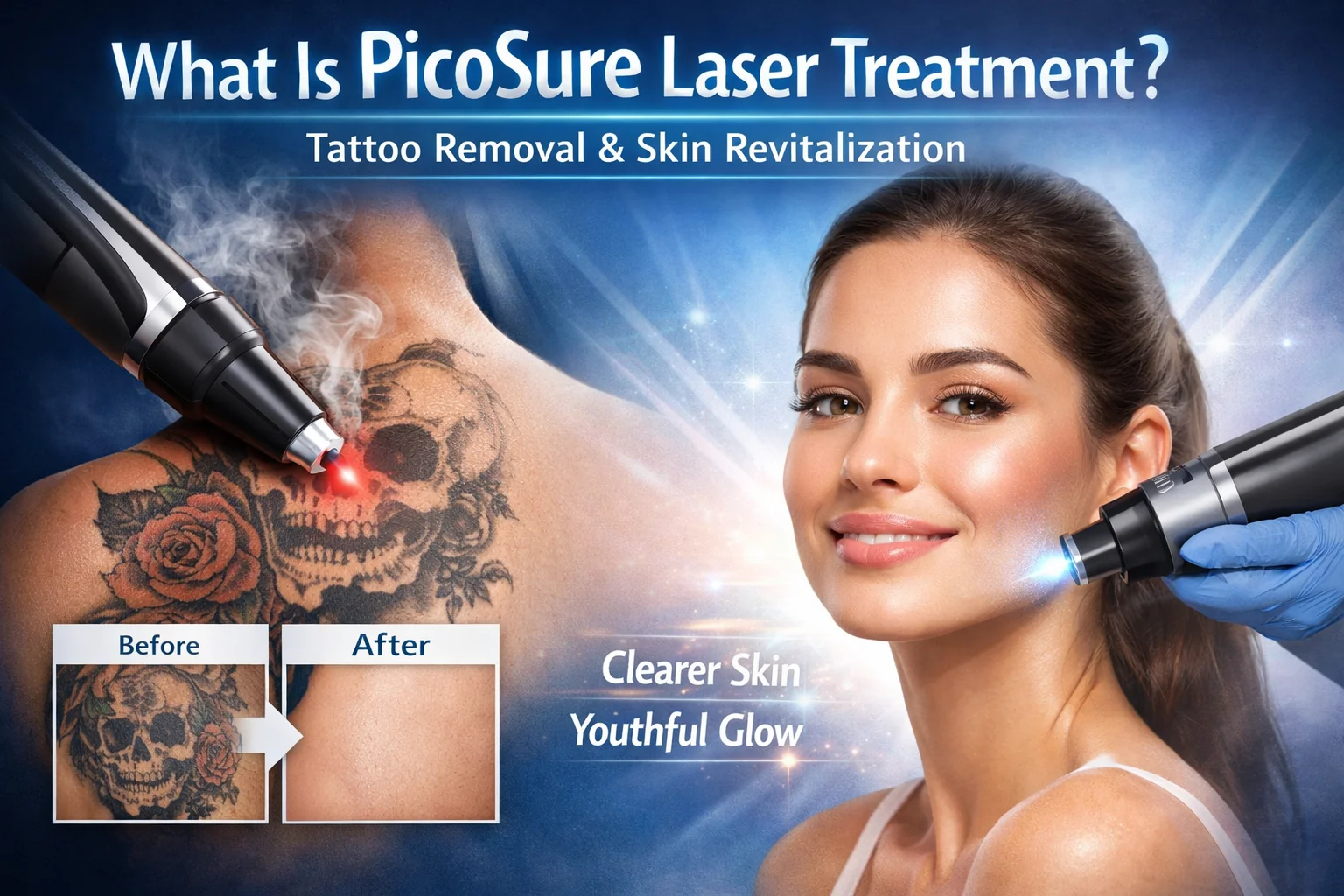 PicoSure laser treatment for tattoo removal and skin revitalization, showing a laser removing a tattoo with a before-and-after comparison beside a model receiving facial skin rejuvenation for clearer, younger-looking skin.