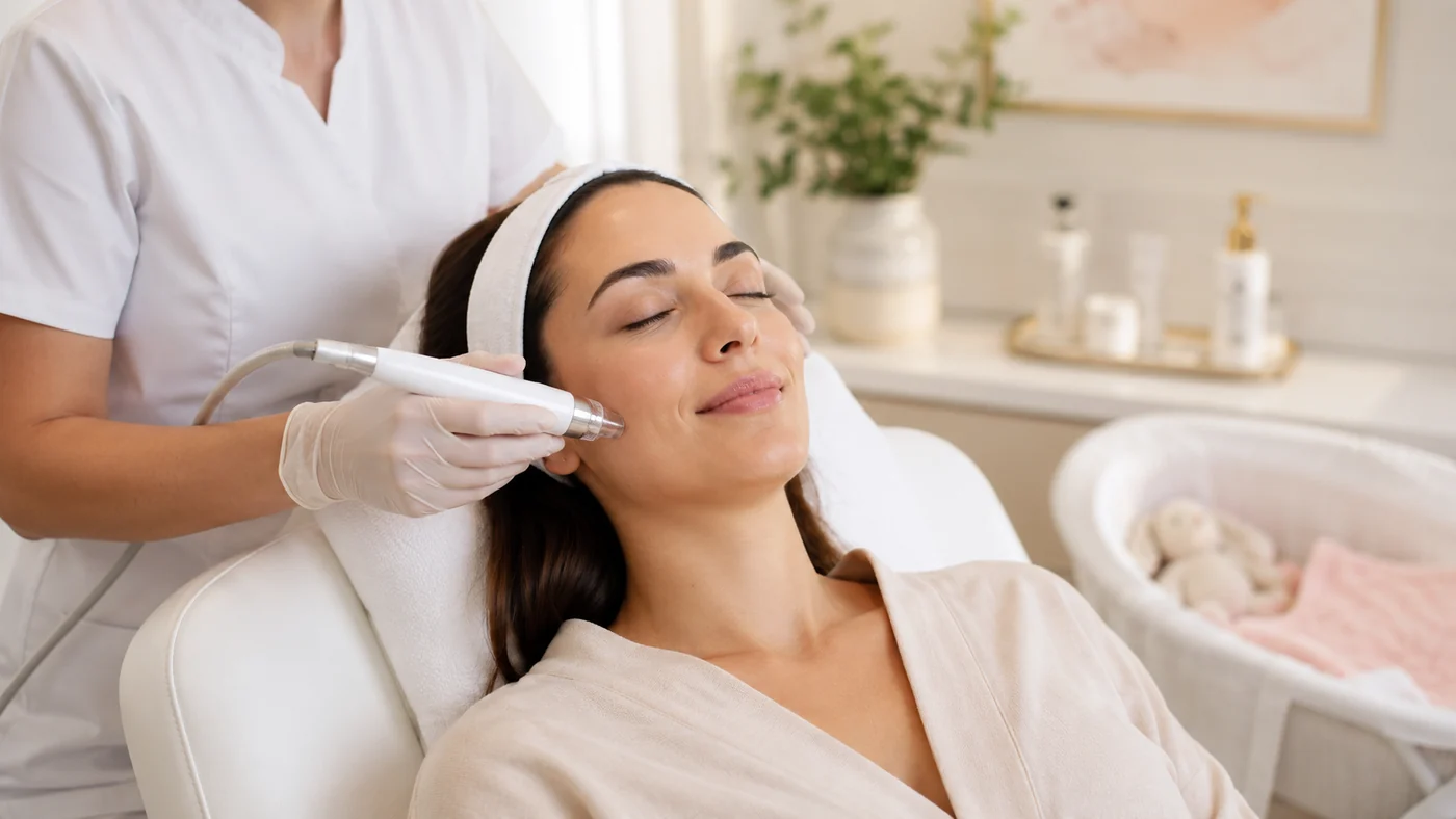 New mother receiving a gentle facial skin rejuvenation treatment in a calm medspa setting for refreshed post-pregnancy skin