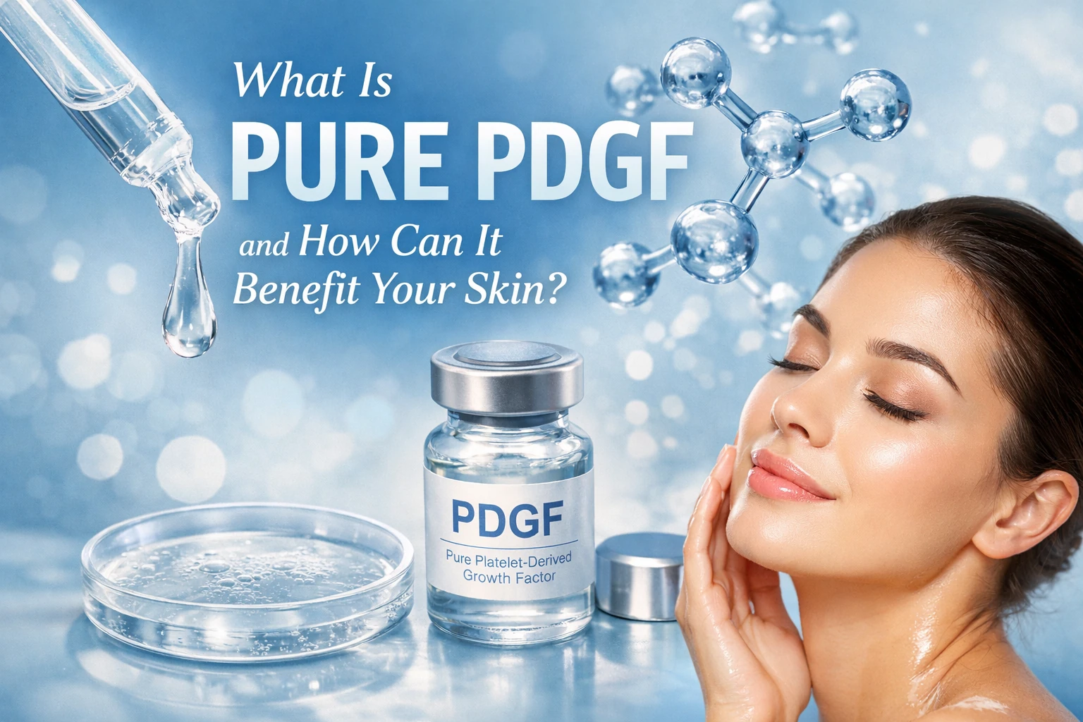 Pure PDGF skincare featured image showing a PDGF vial, serum dropper, molecular graphic, and glowing woman touching her face to illustrate how pure PDGF can benefit your skin.