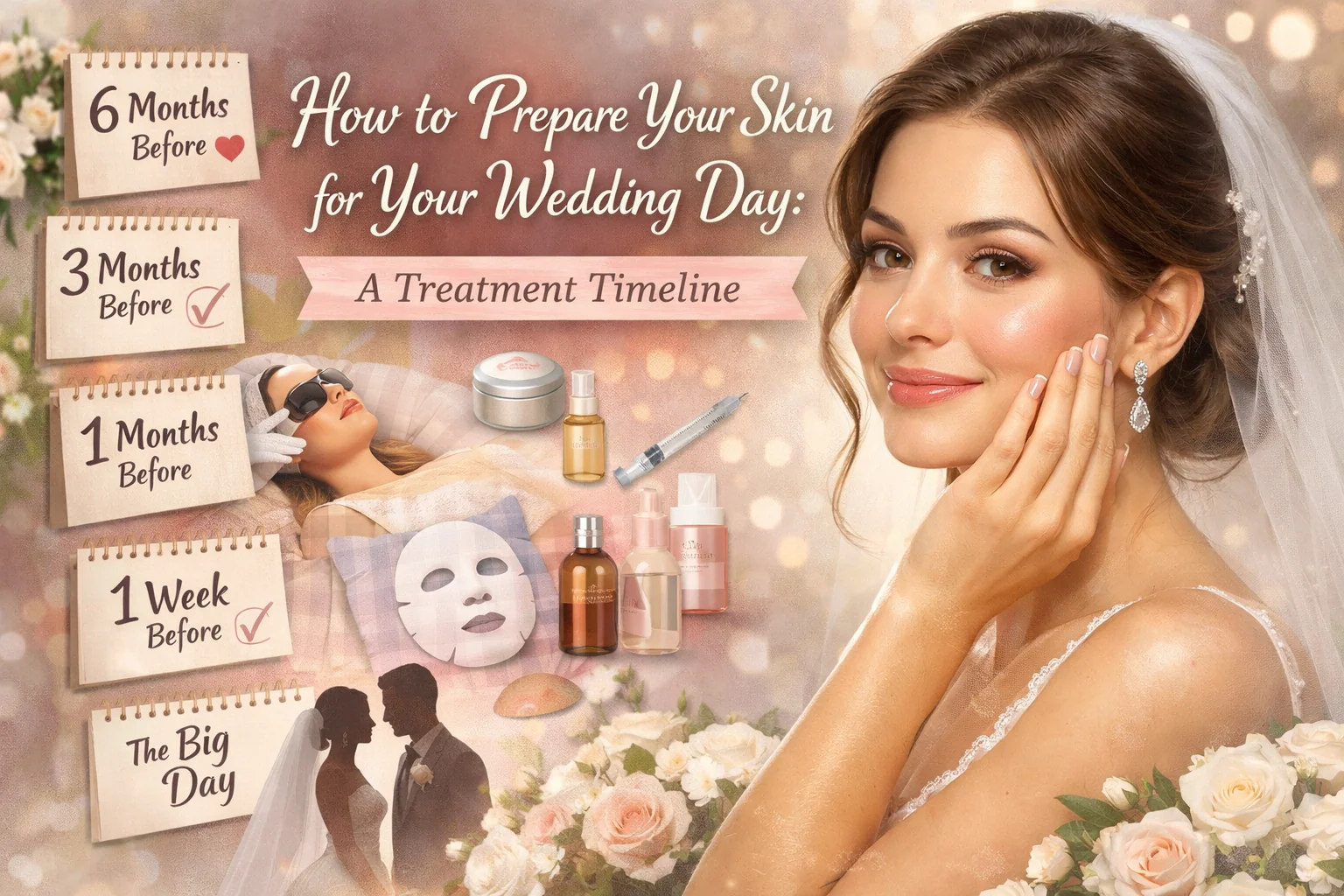 Bride with glowing skin beside a wedding skincare treatment timeline graphic showing how to prepare your skin for your wedding day with pre-wedding facial and skincare milestones