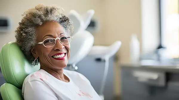 An older woman with glasses smiling in a dentist chair, ready for her first dental visit.